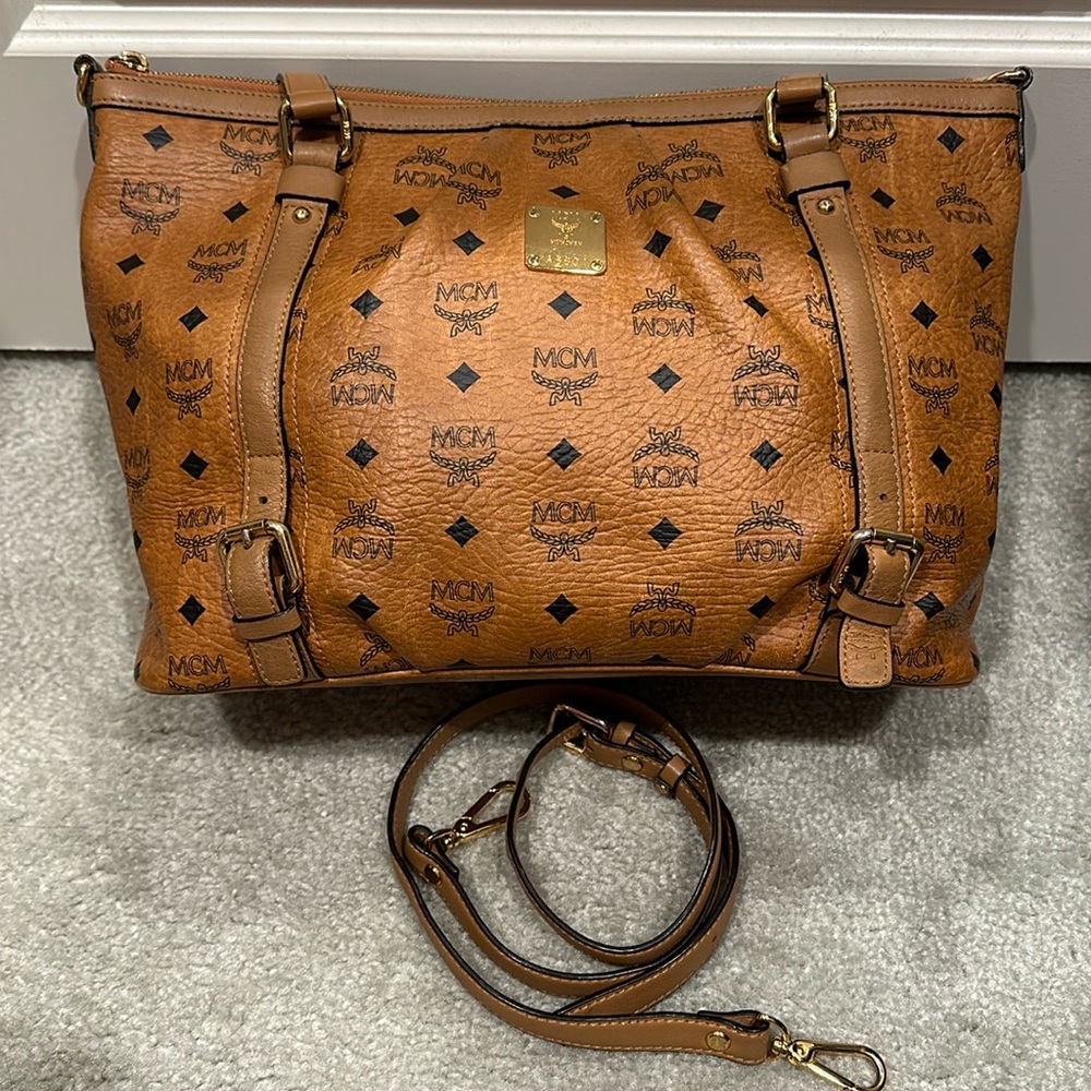 MCM Visetos cognac shoulder/Crossbody zippered tote purse bag large size